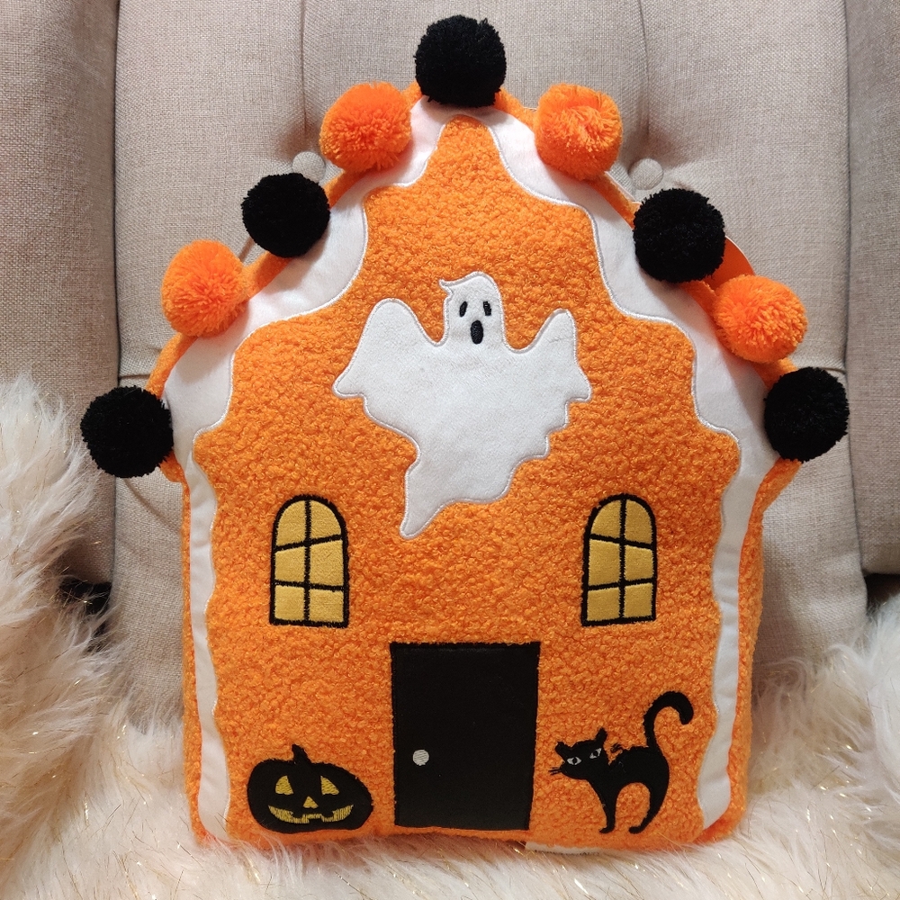 Haunted house pillow ghost orange black NWT pom poms Sherpa embroidered decor